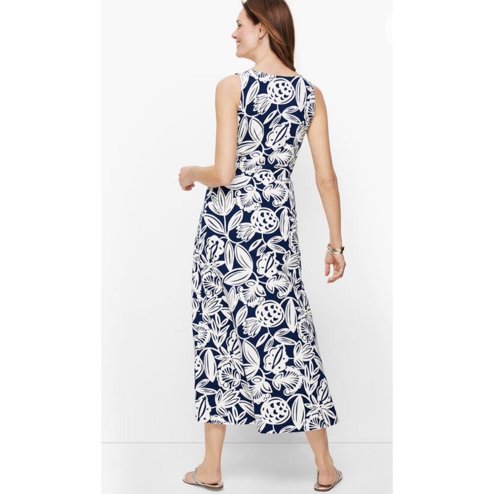 Talbots Dress Faux Wrap Maxi Tank Blue White Botanical Medium Petite Cotton Knit - Picture 7 of 16